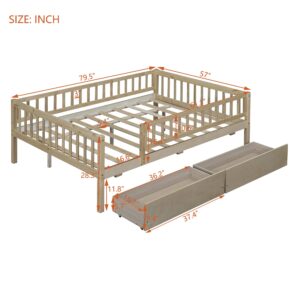 Full Size Bed Frame with Fence Railings and Storage Drawers, Wooden Montessori Style Kids Beds with Slats Support, Dual-use Daybed for Bedroom and Living Room, Natural