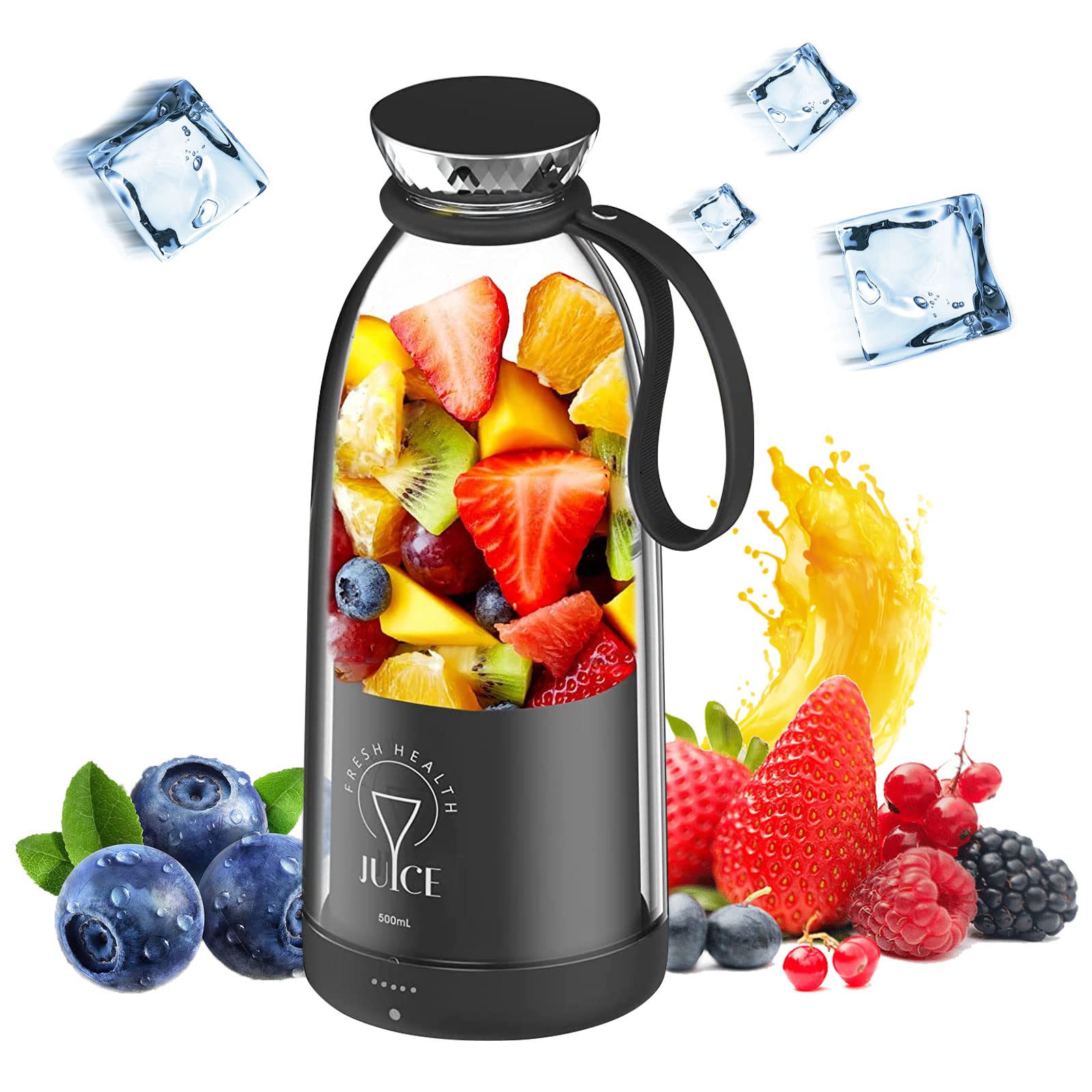 Portable Blender, 500ML Personal Blender for Shakes and Smoothies, Traveling Fruit Veggie Juicer Cup, USB Rechargeable with Six Blades for Sports Travel and Outdoors (black)