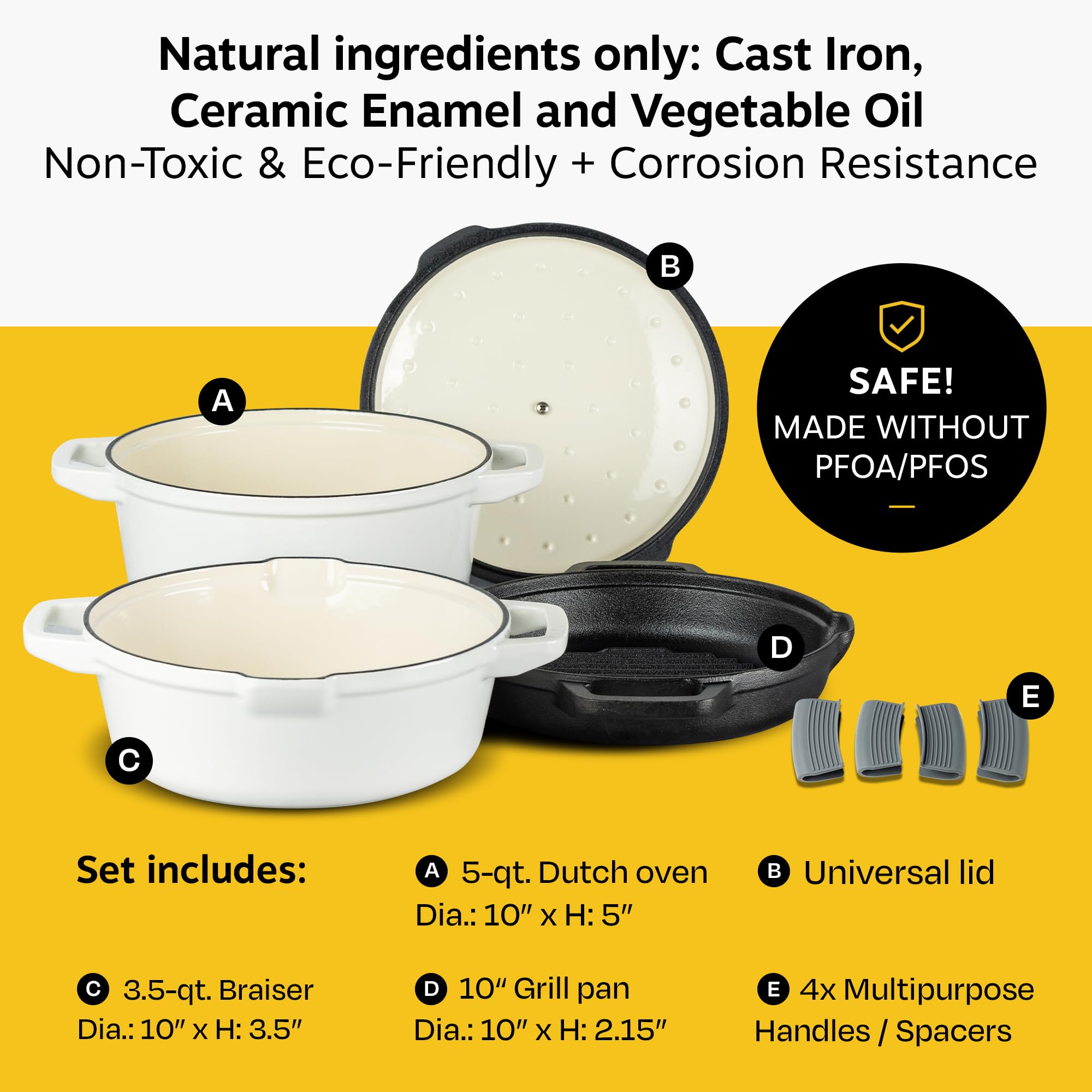 NATIVO 5pc Stackable Cast Iron Cookware Set, Versatile Enamel Dutch Oven, Seasoned Grill Pan & Enamel Braiser with Precision Pour Spouts, Universal Lid, Included Spacers/Handle Holders, White Dutch