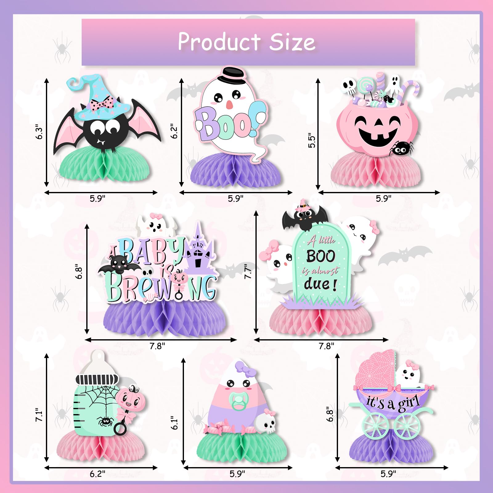 A Baby is Brewing Halloween Baby Shower Decorations - 8 pack Halloween Honeycomb Centerpiece, Pink and Purple Pastel Halloween A Little Boo is Almost Due Baby Shower Decorations for Girl