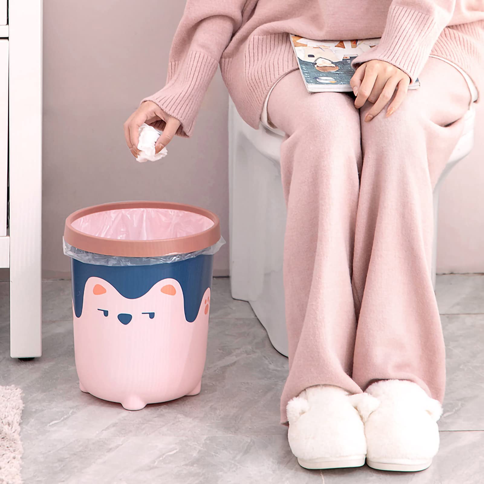 LIZEALUCKY Large Capacity Trash Can Wastebasket Recycle Bin, Cute Bear Pattern Trash Bins, Fits Under Desk and Small, Narrow Spaces in Commercial, Kitchen, Home Office and Dorm(Large Pink)