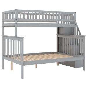 CITYLIGHT Twin Over Full Bunk Beds with Stairs, Wood Bunk Bed with Storage and Guard Rails,Stairway Bunk Beds Twin Over Full Size for Kids, Bedroom, Dorm, Teens, Adults,Grey