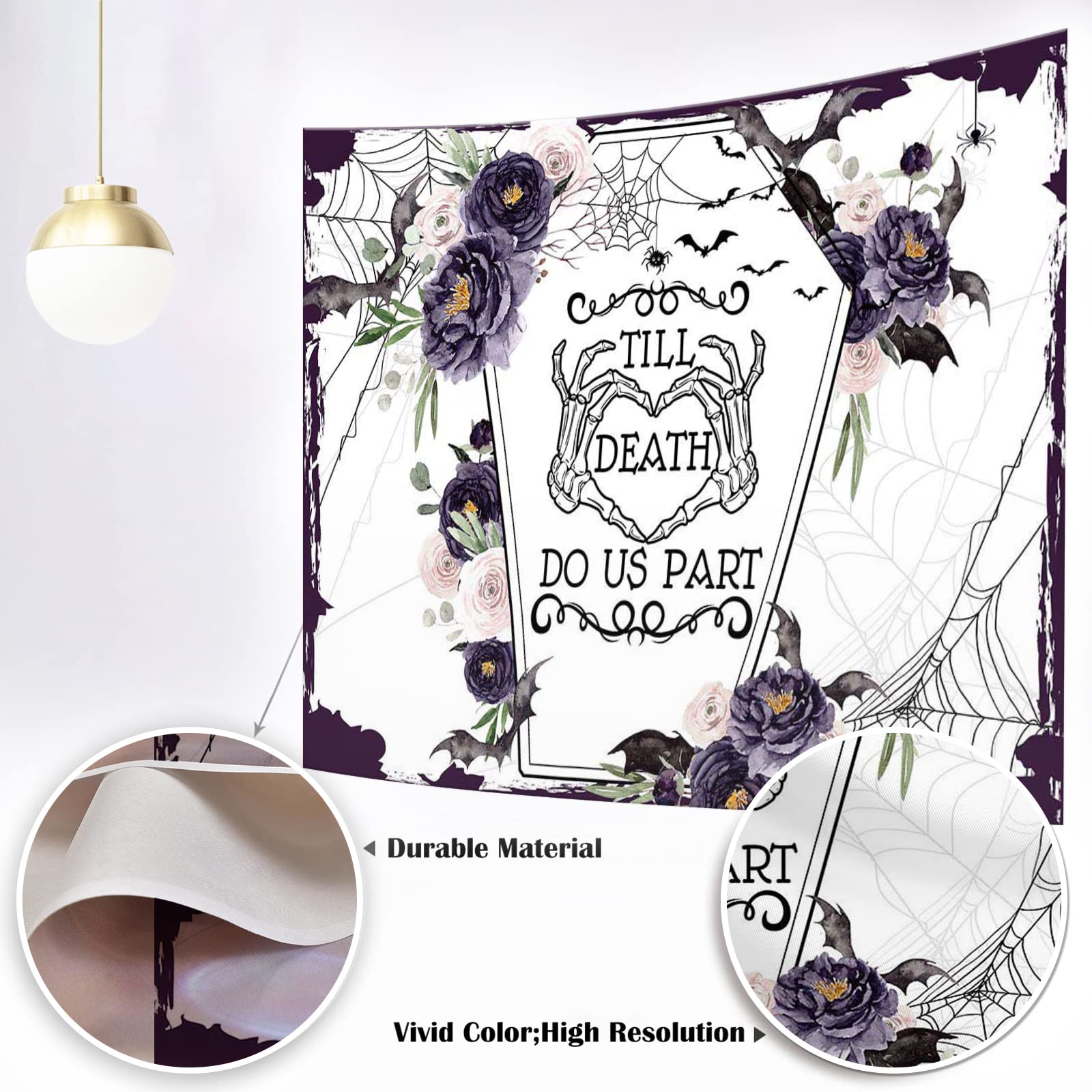 Mocsicka Till Death Do Us Part Backdrop Mr and Mrs Skull Halloween Wedding Party Decoration Flower Coffin Bachelorette Bridal Shower Engagement Party Banner (Purple, 7x5ft(82''x60''))