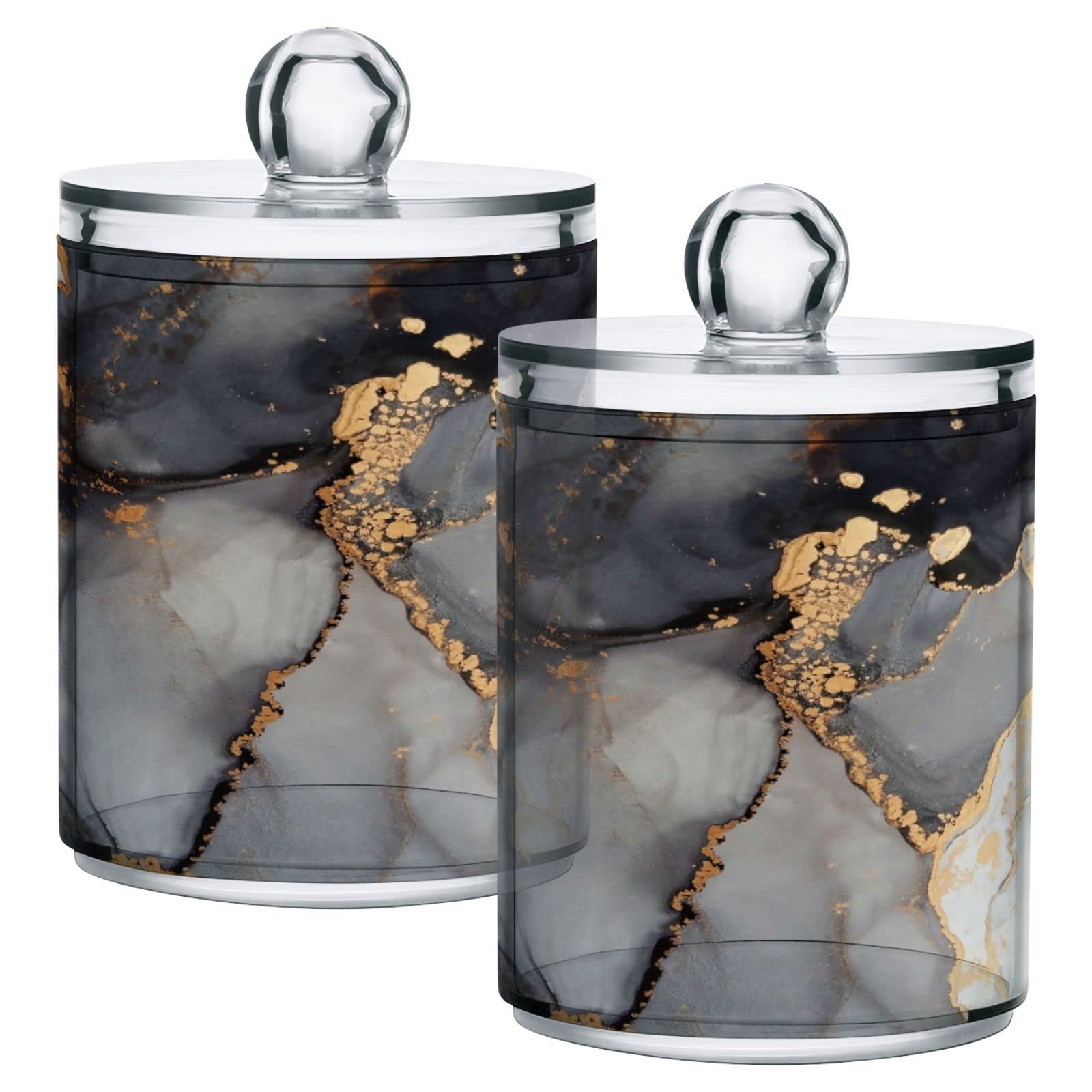 Gredecor 4 Pack Marble Decorative Apothecary Jars Marbled Blue and Golden Abstract Background Qtip Holder Organizer Clear Canister for Cotton Swabs Storage Acrylic Plastic Jar with Lids