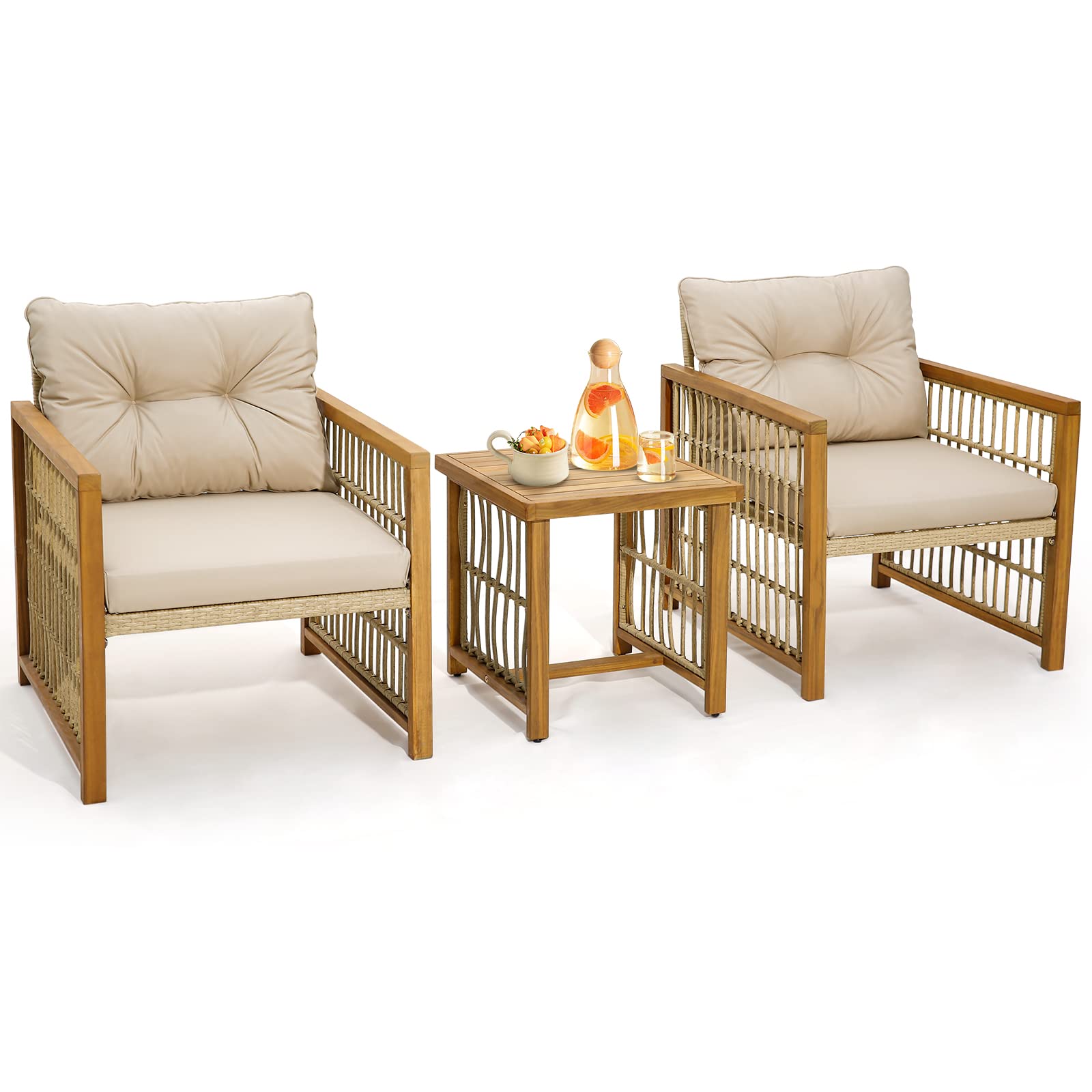 HAPPYGRILL 3 Pieces Patio Furniture Set, PE Wicker Conversation Set with Soft Seat & Back Cushions, Stable Acacia Wood Frame, Outdoor Sofa Set for Backyard, Porch, Poolside