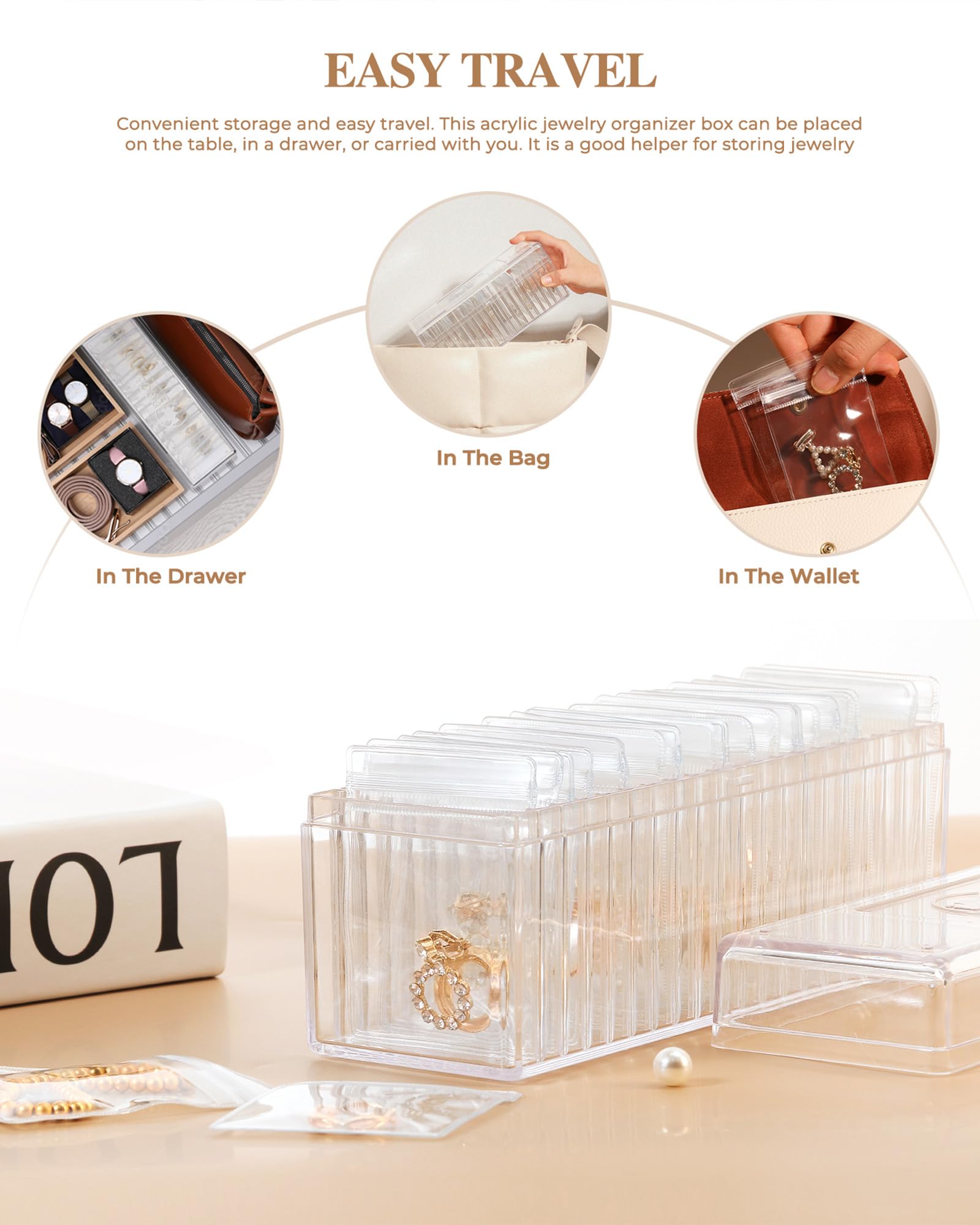 HOMEHIVE Acrylic Jewelry Box Organizer, Clear Jewelry Organizer and Storage with 20 Portable Anti Tarnish Jewelry bags, Travel Jewelry Case for Earrings/Rings/Necklaces Gift for Women Girls, Clear