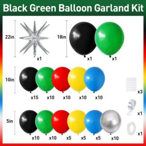 Black Red Yellow Green Balloon Garland Arch Kit, Colorful with Black Red Blue Yellow Green Metallic Silver Balloons Supplies for Birthday, Carnival, Superhero, Robot Blocks, Video Game Themed Party