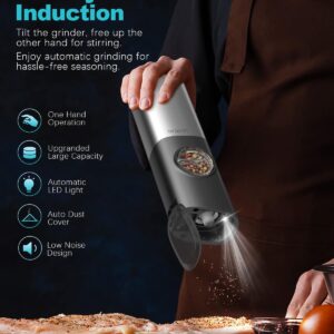 Ultrean Gravity Electric Salt and Pepper Grinder Set - USB Rechargeable With Dual Charging Base - Adjustable Fineness - One Handed Operation, Stainless Steel Construction, Auto Dust Lids, LED Light