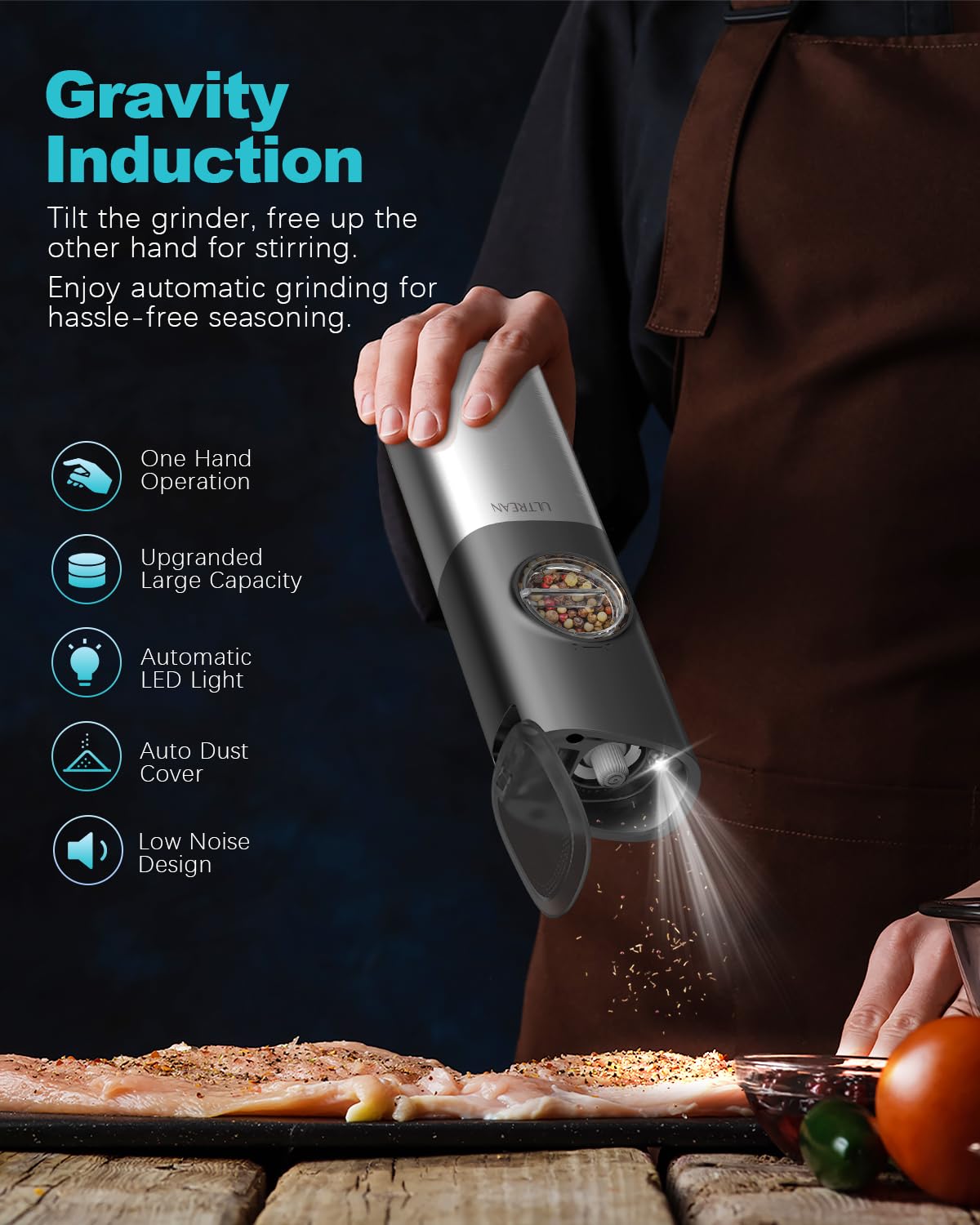 Ultrean Gravity Electric Salt and Pepper Grinder Set - USB Rechargeable With Dual Charging Base - Adjustable Fineness - One Handed Operation, Stainless Steel Construction, Auto Dust Lids, LED Light