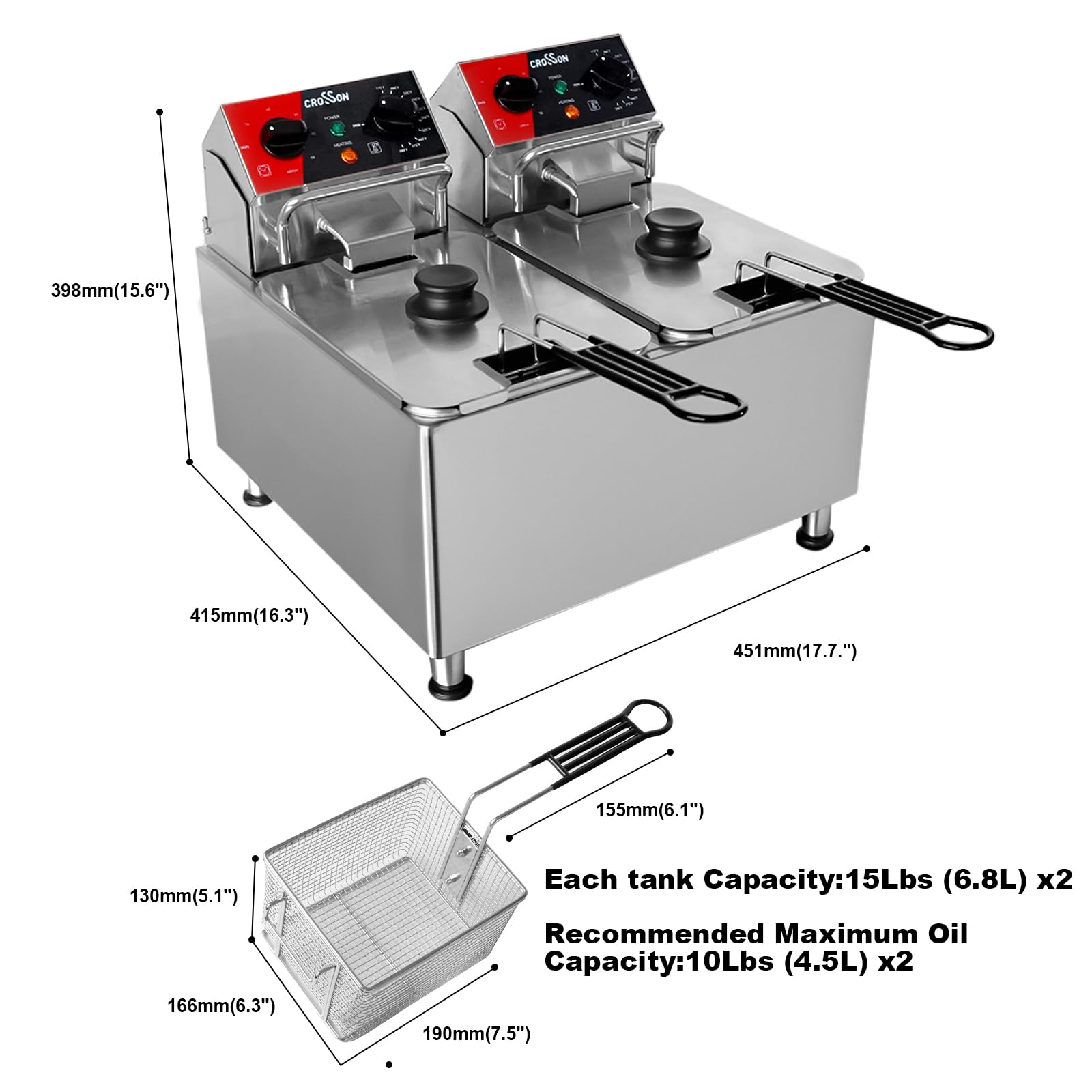 CROSSON 20Lbs Dual Tank Electric Deep Fryer with Rotary fryer head,30 Minitues Timer,Removable 304 SS Oil Tank with Handle,9L Countertop Deep Fryer for Home Use