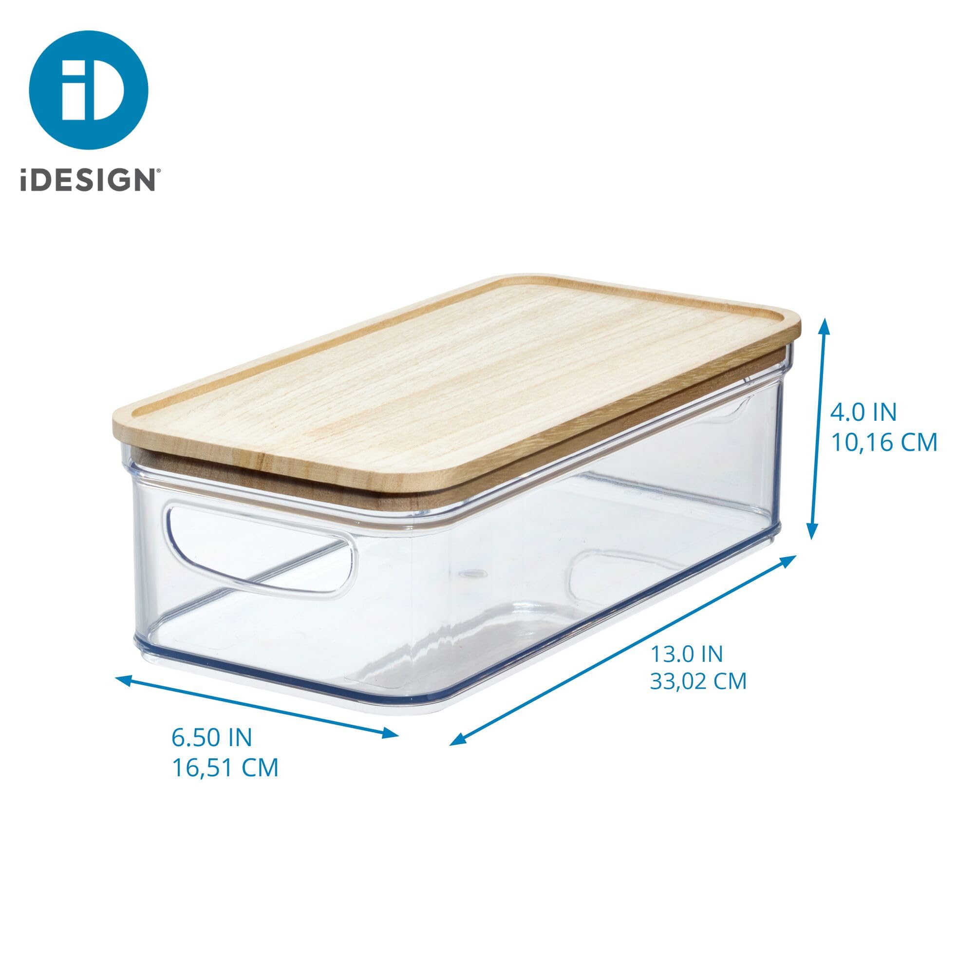 iDesign Recycled Plastic Crisp Storage Bin with Lid and Handles, The Rosanna Pansino Collection – 12.99” L x 6.53” W x 4.13” H, Clear Bin with Natural Wood Lid