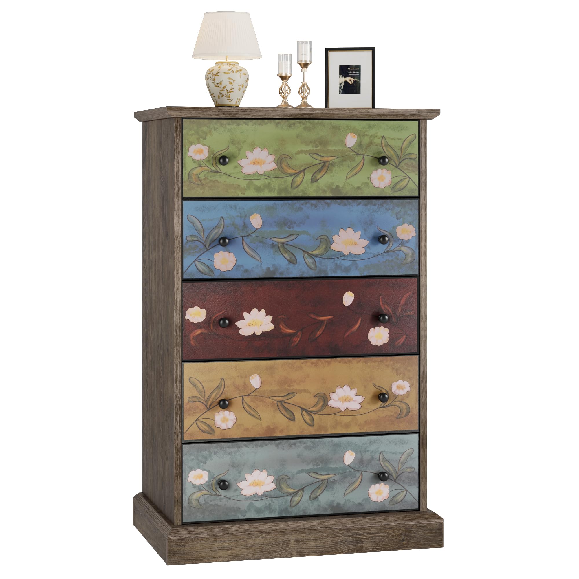 FINETONES 5 Drawer Dresser, Wood Dresser Boho Dresser Chest of Drawers, Tall Dresser with Large Storage Space, 16.3D x 23.6W x 39.4H Inch Wood Dresser Accent Dresser for Home Office