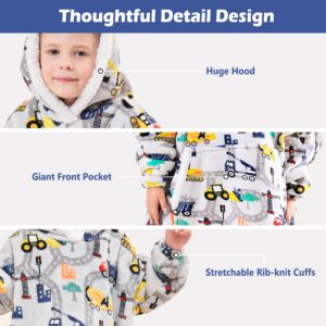 Wearable Blanket Hoodie for Kids, Super Warm and Soft Sherpa Flannel Sweatshirt Blanket with Giant Pocket, Hooded Blanket for 2-6 Year Old Boys Gifts, Construction Truck