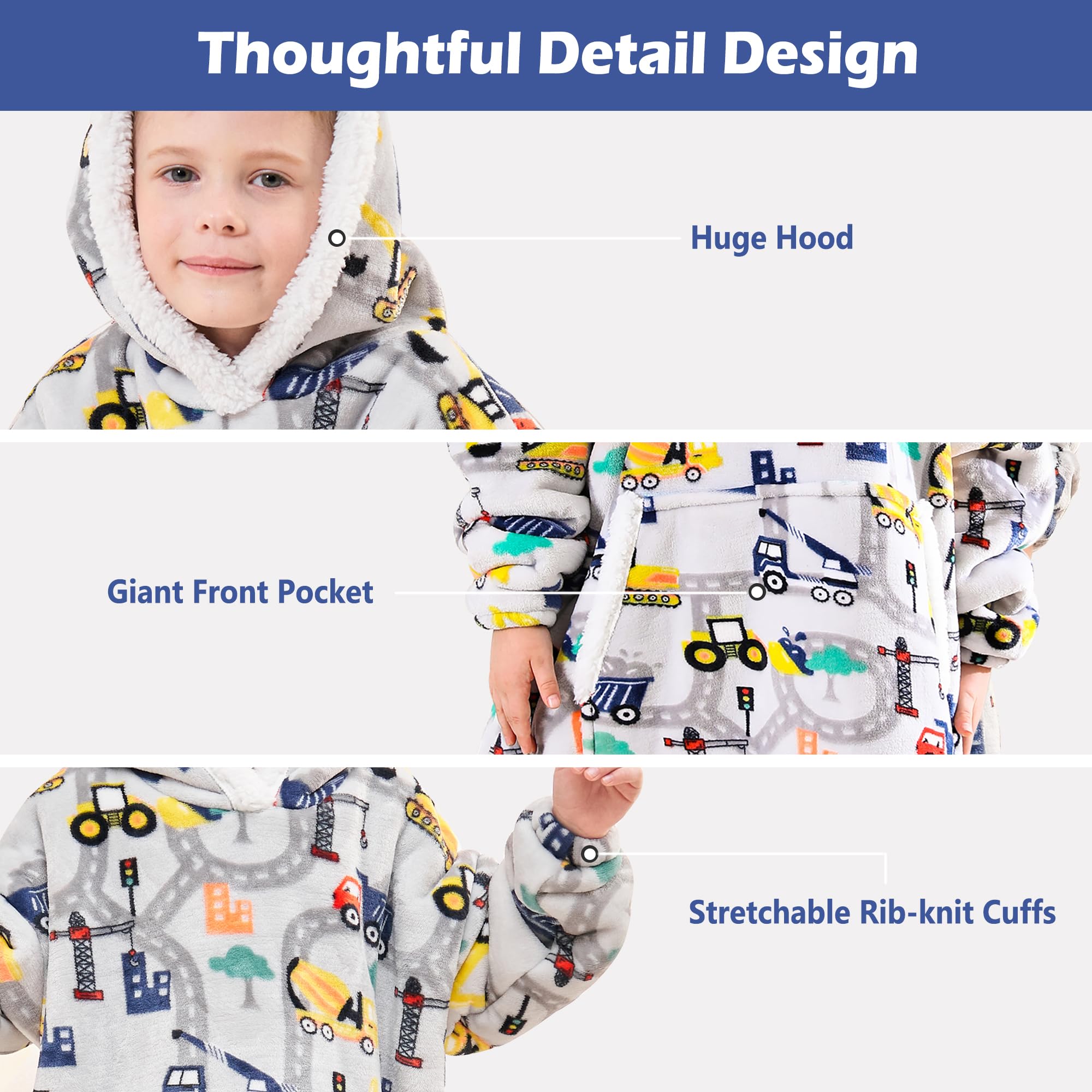 Wearable Blanket Hoodie for Kids, Super Warm and Soft Sherpa Flannel Sweatshirt Blanket with Giant Pocket, Hooded Blanket for 2-6 Year Old Boys Gifts, Construction Truck