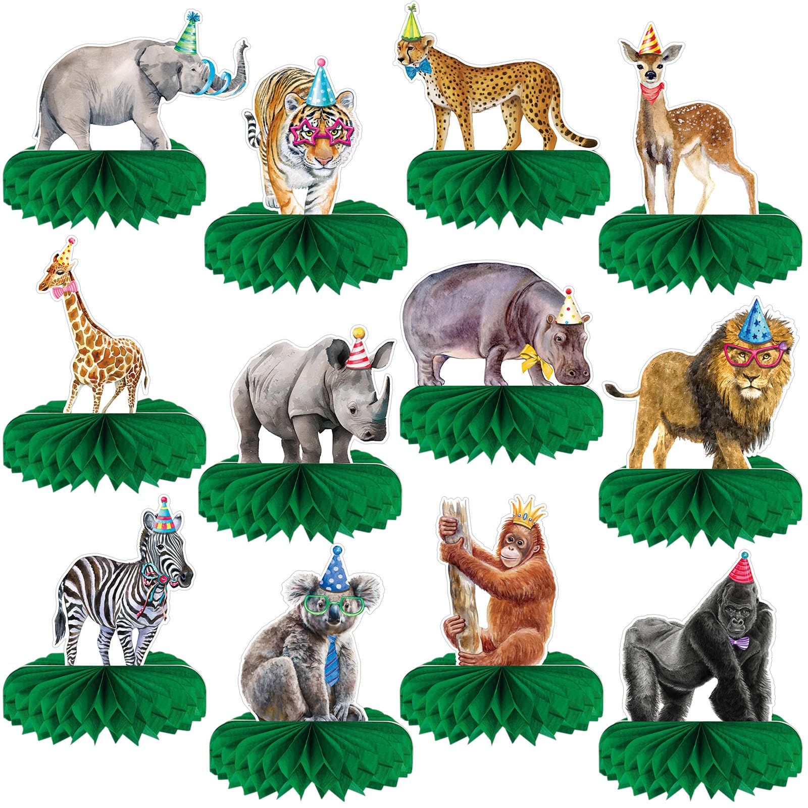 Yeaqee 12 Pcs Jungle Animals Honeycomb Centerpieces Safari Jungle Themed Birthday Party Supplies Wild Animals Jungle Party Decorations Baby Shower Table Decorations for Boys Girls (Fresh Style)