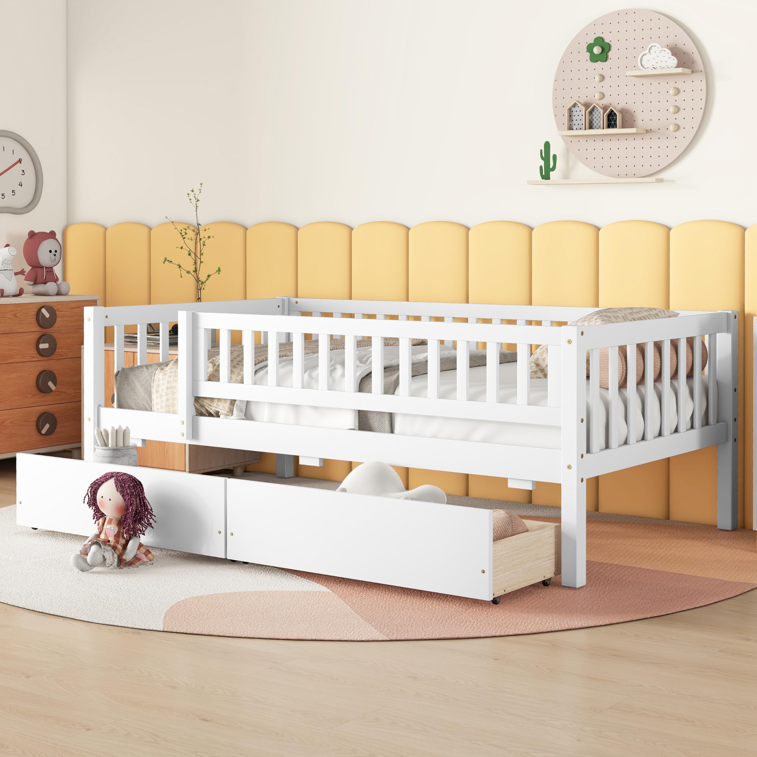 Harper & Bright Designs Twin Size Daybed with Two Drawers, Wood Kids Twin Platform Bed Frame with Storage and Rails, No Box Spring Needed, Easy Assembly (Twin Size, White)