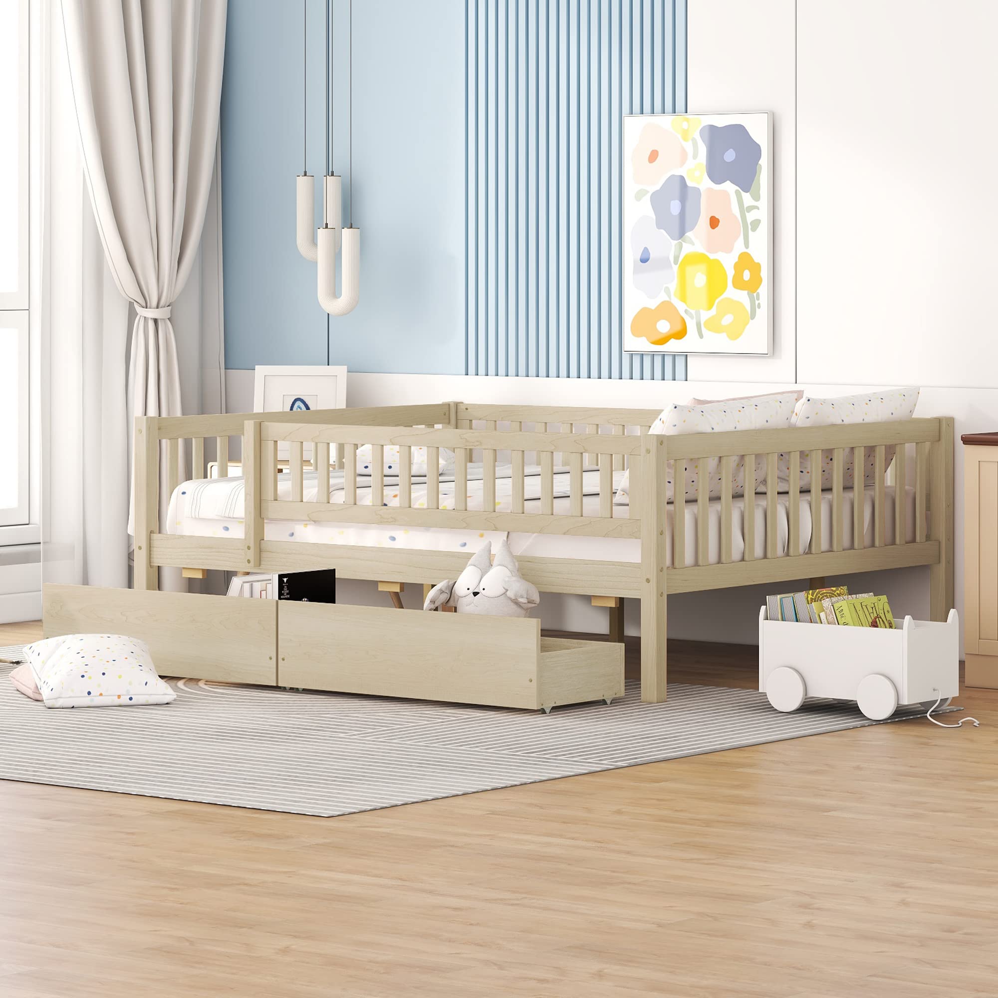 Full Size Bed Frame with Fence Railings and Storage Drawers, Wooden Montessori Style Kids Beds with Slats Support, Dual-use Daybed for Bedroom and Living Room, Natural