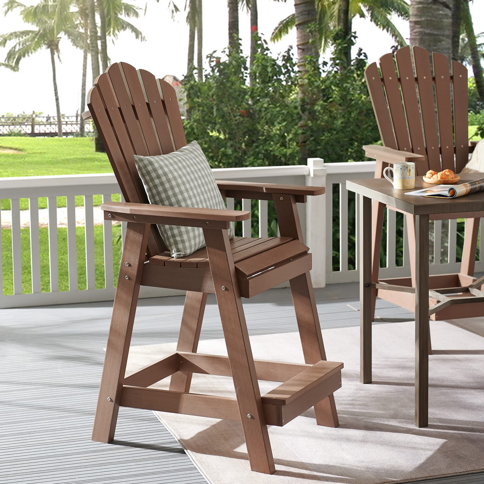 Psilvam Tall Adirondack Chair Set of 2, Poly Lumber Outdoor Bar Stools with Connecting Tray, 350Lbs Support Patio Chairs for Balcony, Deck, Weather Resistant Outdoor Patio Furniture Sets (Brown)