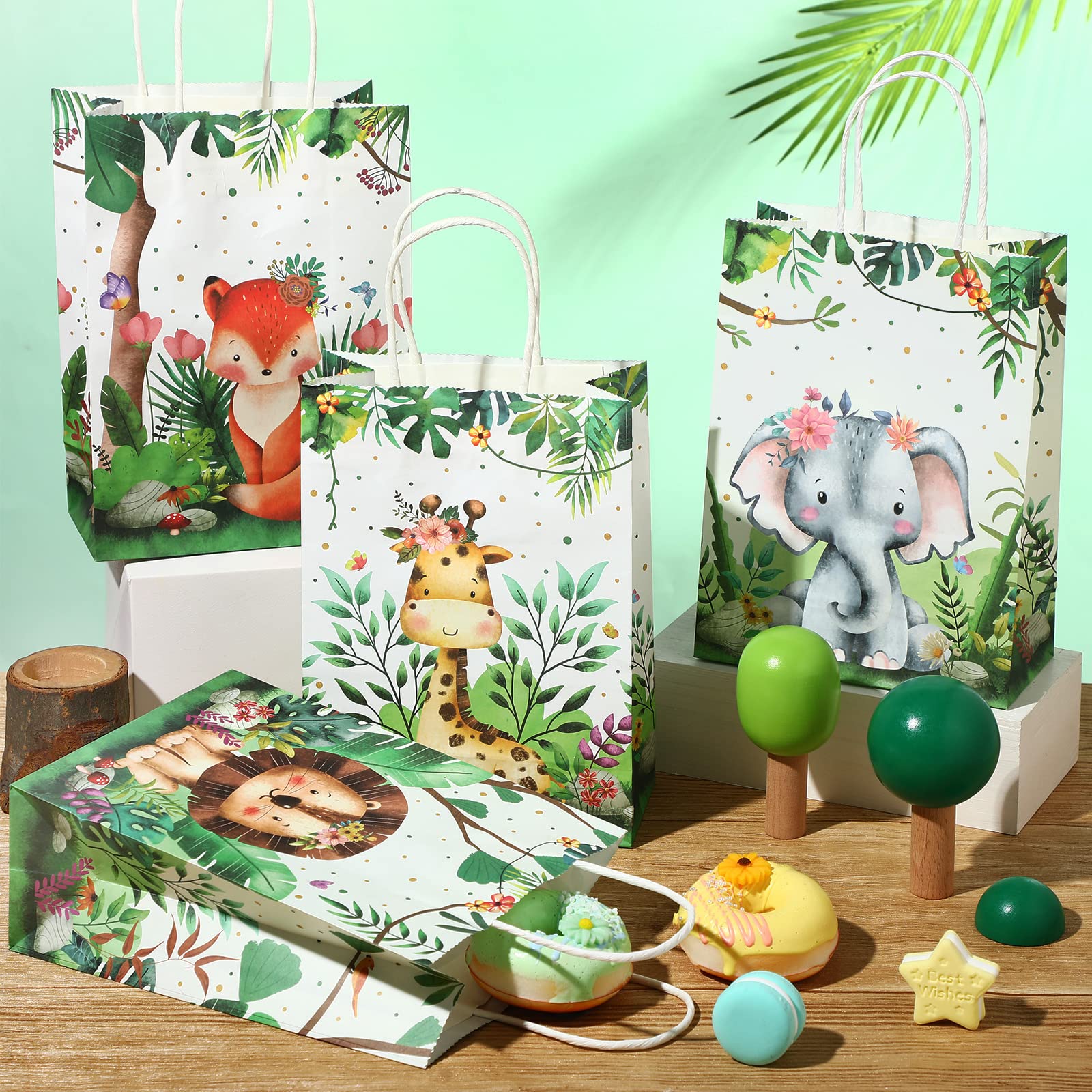 Pajean 36 Safari Bags and Tissue Set Include Jungle Party Favor Safari Goodie Bags Woodland Animal Print Gift Bags Wild One Treat Bags for Themed Birthday Baby Shower Party Supplies