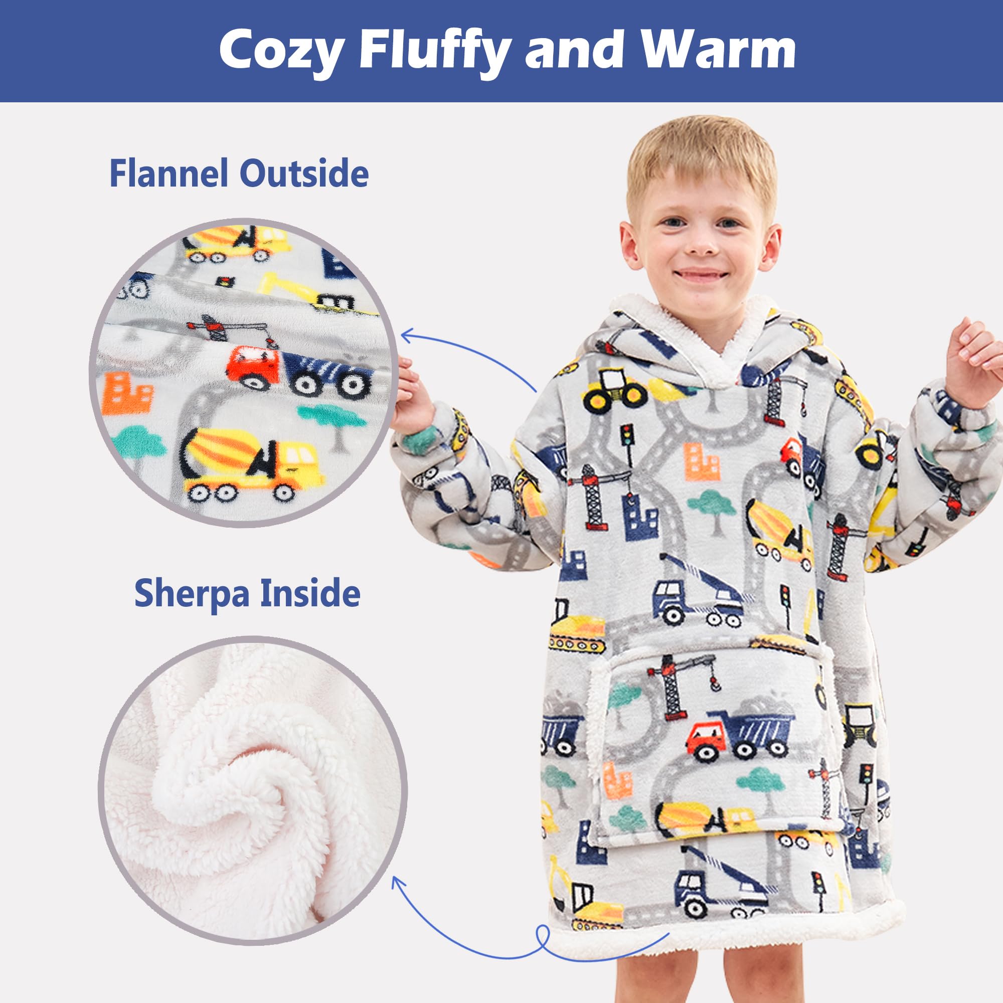 Wearable Blanket Hoodie for Kids, Super Warm and Soft Sherpa Flannel Sweatshirt Blanket with Giant Pocket, Hooded Blanket for 2-6 Year Old Boys Gifts, Construction Truck