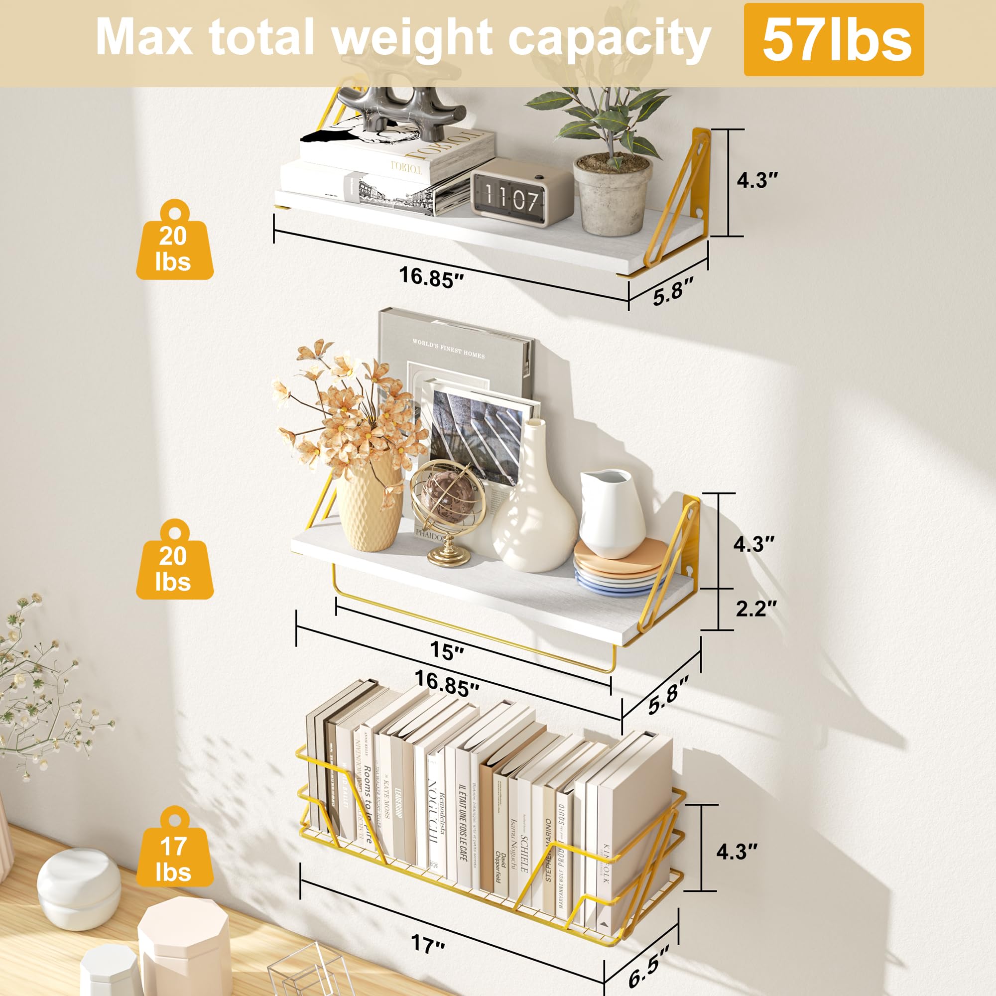 SRIWATANA 2+1 Floating Shelves for Wall, Bathroom Shelves Over Toilet with Metal Bar, Wall Shelves with Storage Wire Basket, Wood Shelves for Bedroom, Living Room, Kitchen (White & Gold)