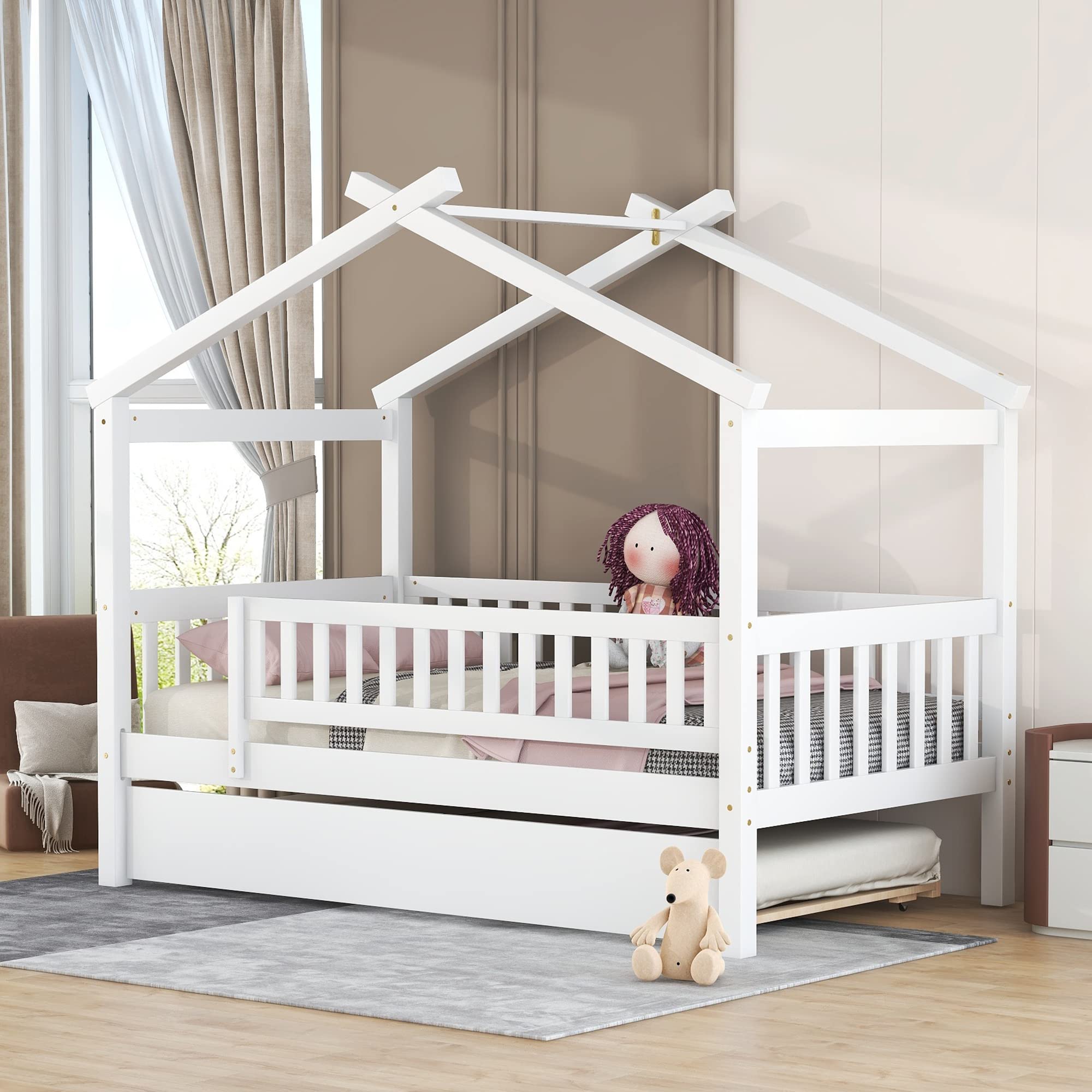 Twin House Bed with Trundle, House Bed for Kids, Wooden Daybed Twin Platform Bed Frame with Guardrails and Roof, for Girls Boys, Easy Assembly (Twin Size, White)