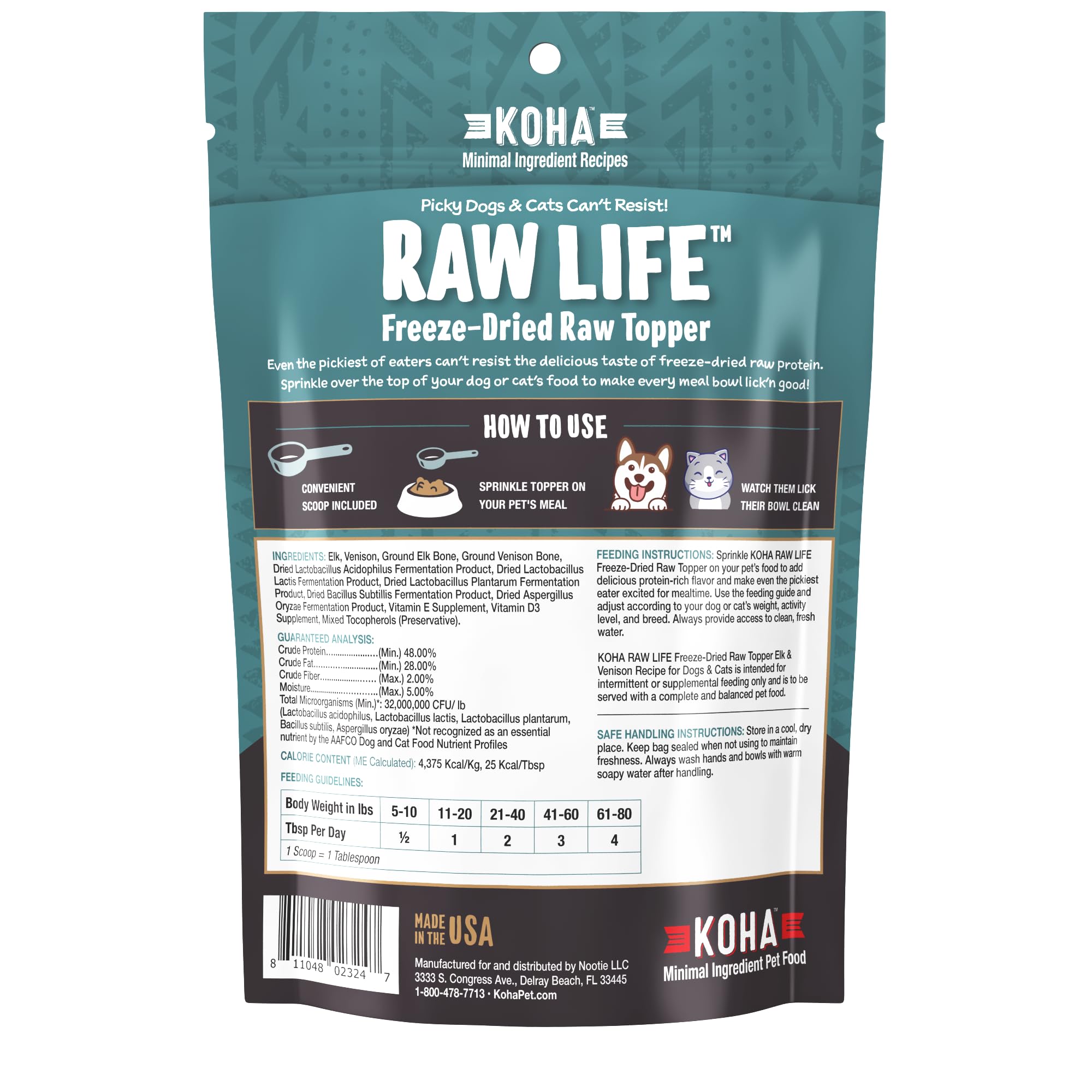 KOHA Raw Life Freeze-Dried Raw Topper Elk & Venison for Dogs and Cats, High Protein Meal Topper for Picky Eaters with Probiotics, 8oz Bag