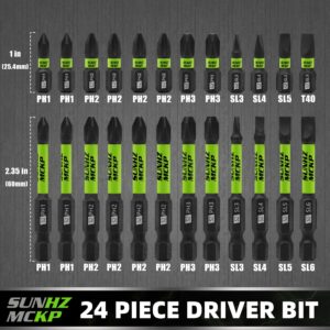 SUNHZMCKP 24-Piece Screwdriver Bit Set, Magnetic Slotted Phillips Driver Bit Set, S2 Steel, Long 1" and 2.3" Impact Screwdriving Drill Bits Set, 1/4 Inch Hex Shank Driver Bit