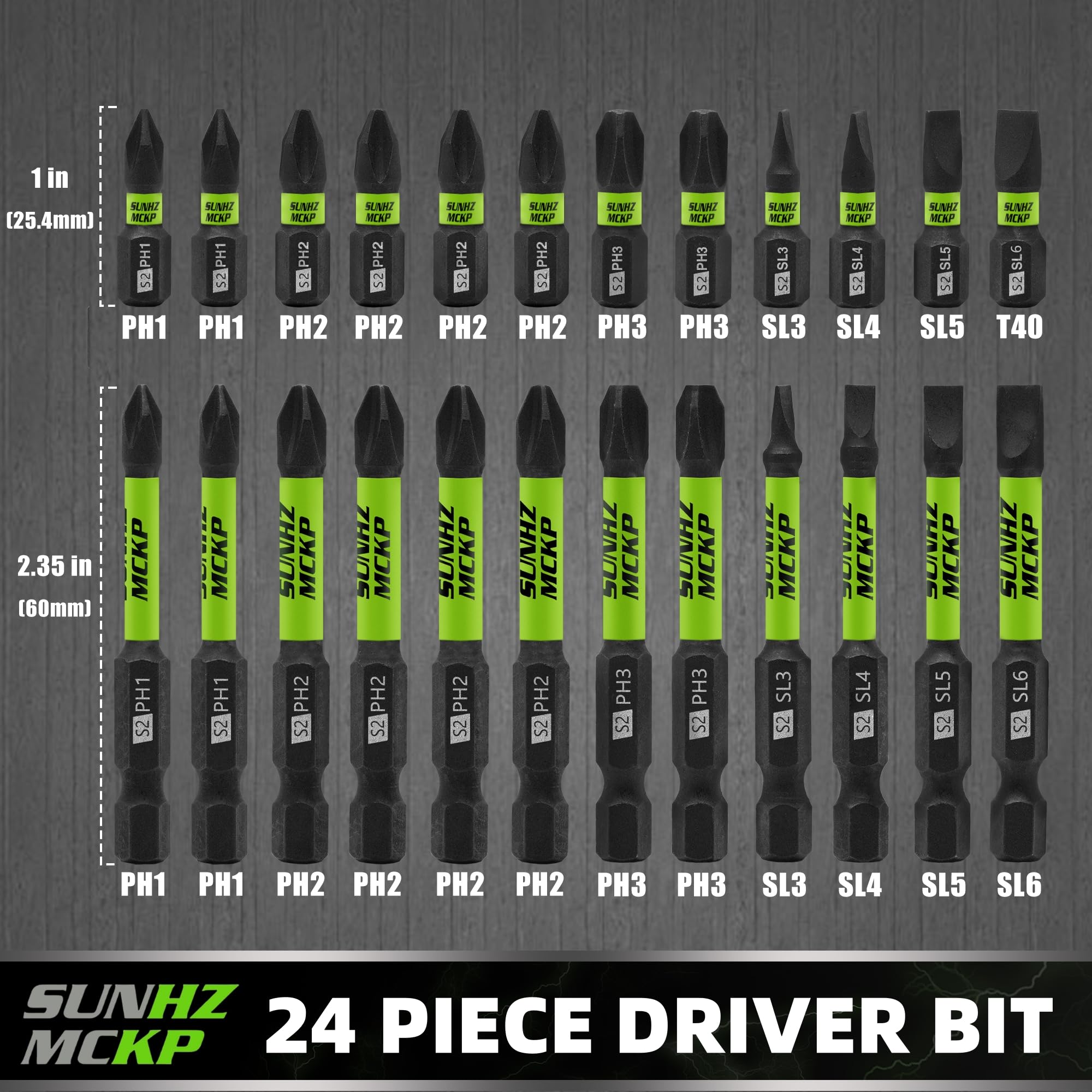 SUNHZMCKP 24-Piece Screwdriver Bit Set, Magnetic Slotted Phillips Driver Bit Set, S2 Steel, Long 1" and 2.3" Impact Screwdriving Drill Bits Set, 1/4 Inch Hex Shank Driver Bit