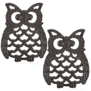 hedume 2 pcs cast iron owl trivets, heavy duty cast iron trivet with rubber pegs, decorative trivet for kitchen counter or dining table, insulation pad, anti-scald pad, heat resistant pad-rust brown