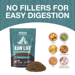 KOHA Raw Life Freeze-Dried Raw Topper Elk & Venison for Dogs and Cats, High Protein Meal Topper for Picky Eaters with Probiotics, 8oz Bag