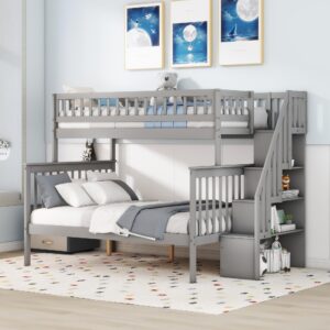 citylight twin over full bunk beds with stairs, wood bunk bed with storage and guard rails,stairway bunk beds twin over full size for kids, bedroom, dorm, teens, adults,grey