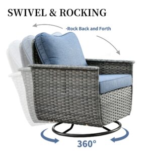 ovios 3 Pieces Patio Rocking Swivel Chairs with Side Table, Outdoor Wicker Rattan Rocker Chair of 2 with High Back Comfy Cushions for Porch Deck Garden (Grey Wicker-Denim Blue)