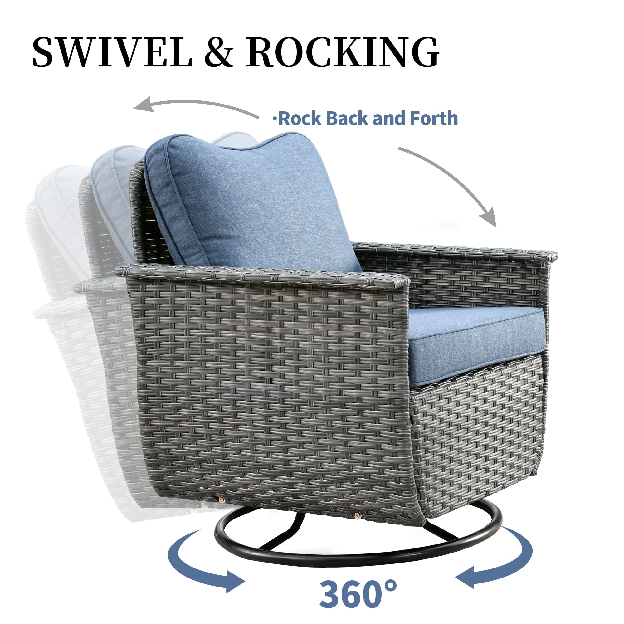 ovios 3 Pieces Patio Rocking Swivel Chairs with Side Table, Outdoor Wicker Rattan Rocker Chair of 2 with High Back Comfy Cushions for Porch Deck Garden (Grey Wicker-Denim Blue)