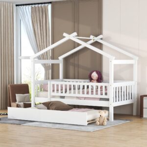 twin house bed with trundle, house bed for kids, wooden daybed twin platform bed frame with guardrails and roof, for girls boys, easy assembly (twin size, white)