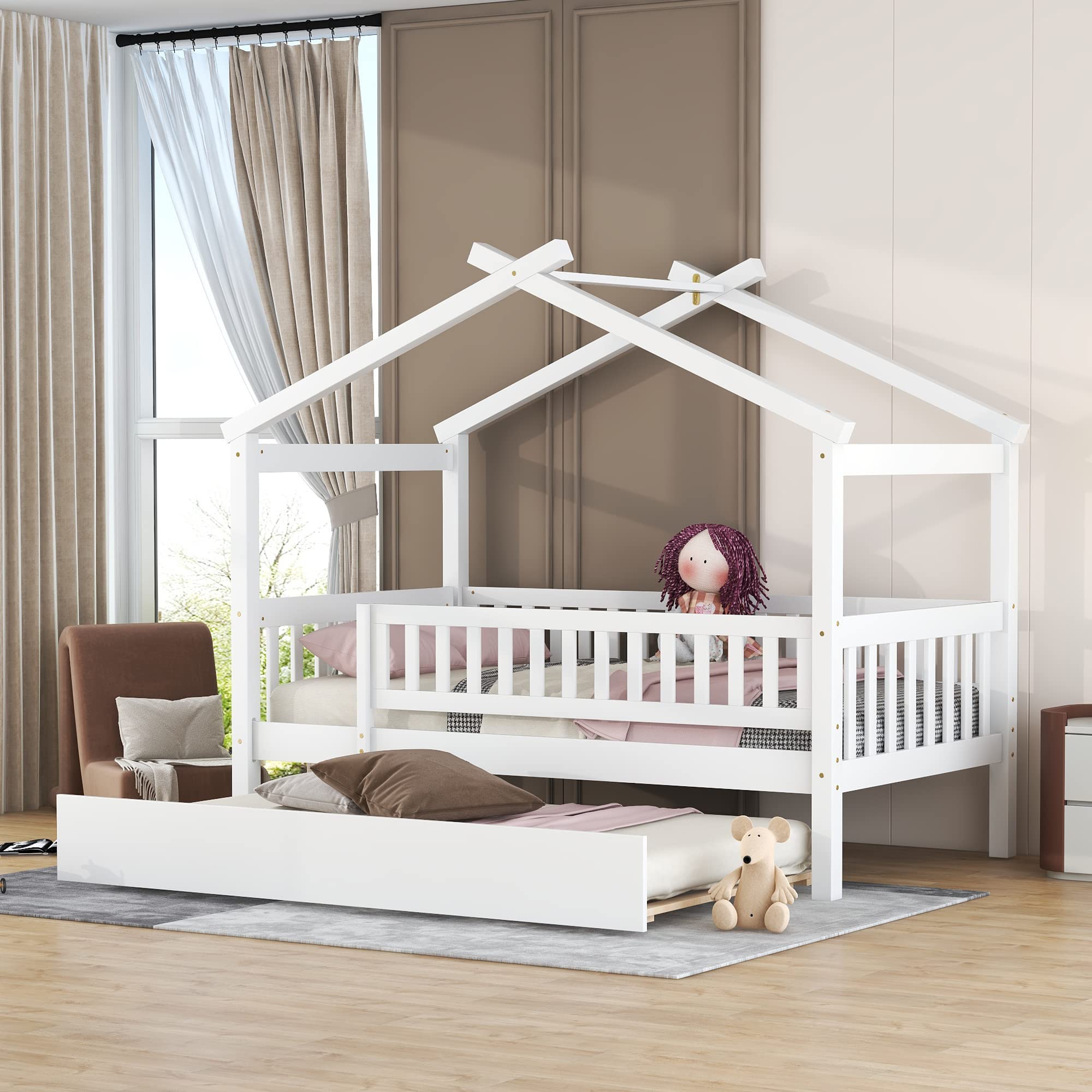 Twin House Bed with Trundle, House Bed for Kids, Wooden Daybed Twin Platform Bed Frame with Guardrails and Roof, for Girls Boys, Easy Assembly (Twin Size, White)