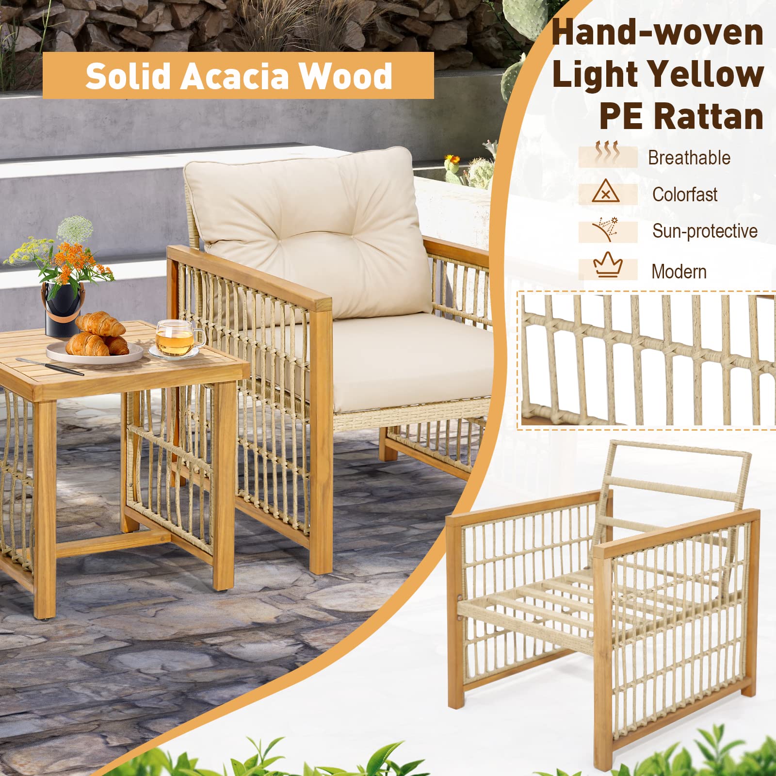 Tangkula 3 Pieces Acacia Wood Patio Furniture Set, PE Wicker Bistro Set with Cushioned Chairs and Coffee Table, Outdoor Conversation Set for Porch, Deck, Balcony, Backyard (Beige)