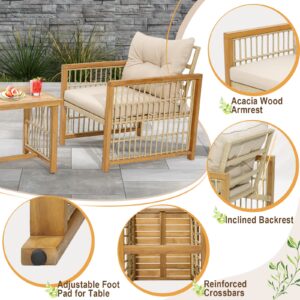 Tangkula 3 Pieces Acacia Wood Patio Furniture Set, PE Wicker Bistro Set with Cushioned Chairs and Coffee Table, Outdoor Conversation Set for Porch, Deck, Balcony, Backyard (Beige)