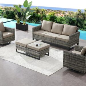 HUMMUH 5 Piece Patio Furniture Set Outdoor Sectional Sofa,PE Wicker Patio Swivel Rocker Chairs with Ottomans for Porch,Garden,Backyard