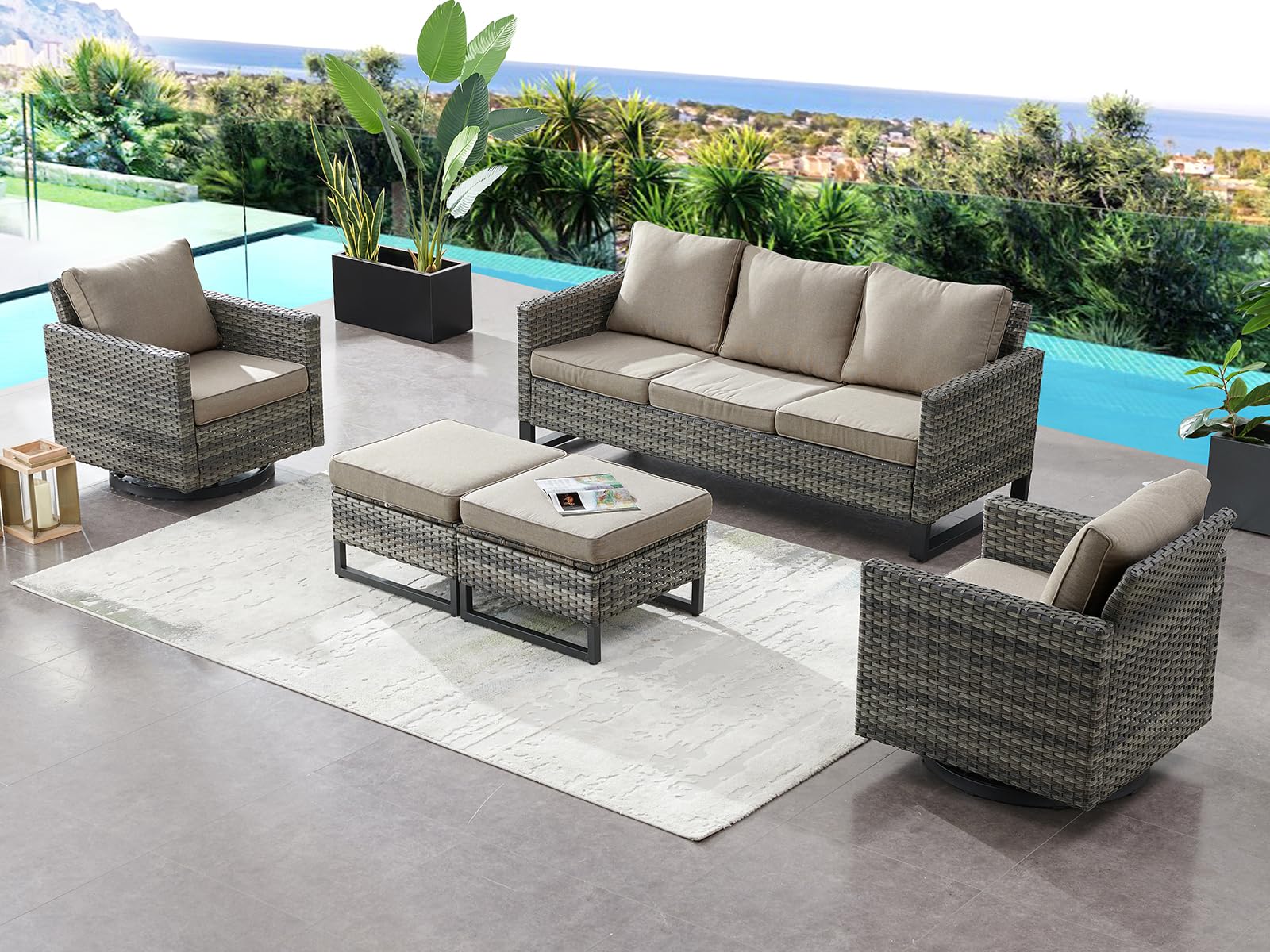 HUMMUH 5 Piece Patio Furniture Set Outdoor Sectional Sofa,PE Wicker Patio Swivel Rocker Chairs with Ottomans for Porch,Garden,Backyard