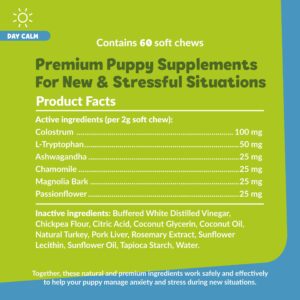 Snuggle Puppy Day Calm Puppy Bites - Calming Chew Bites for Dogs - Dog Supplement to Help with Separation Stress & Relaxation - Puppy Chew Bites with Colostrum, Chamomile & Ashwagandha - 60 Soft Chews