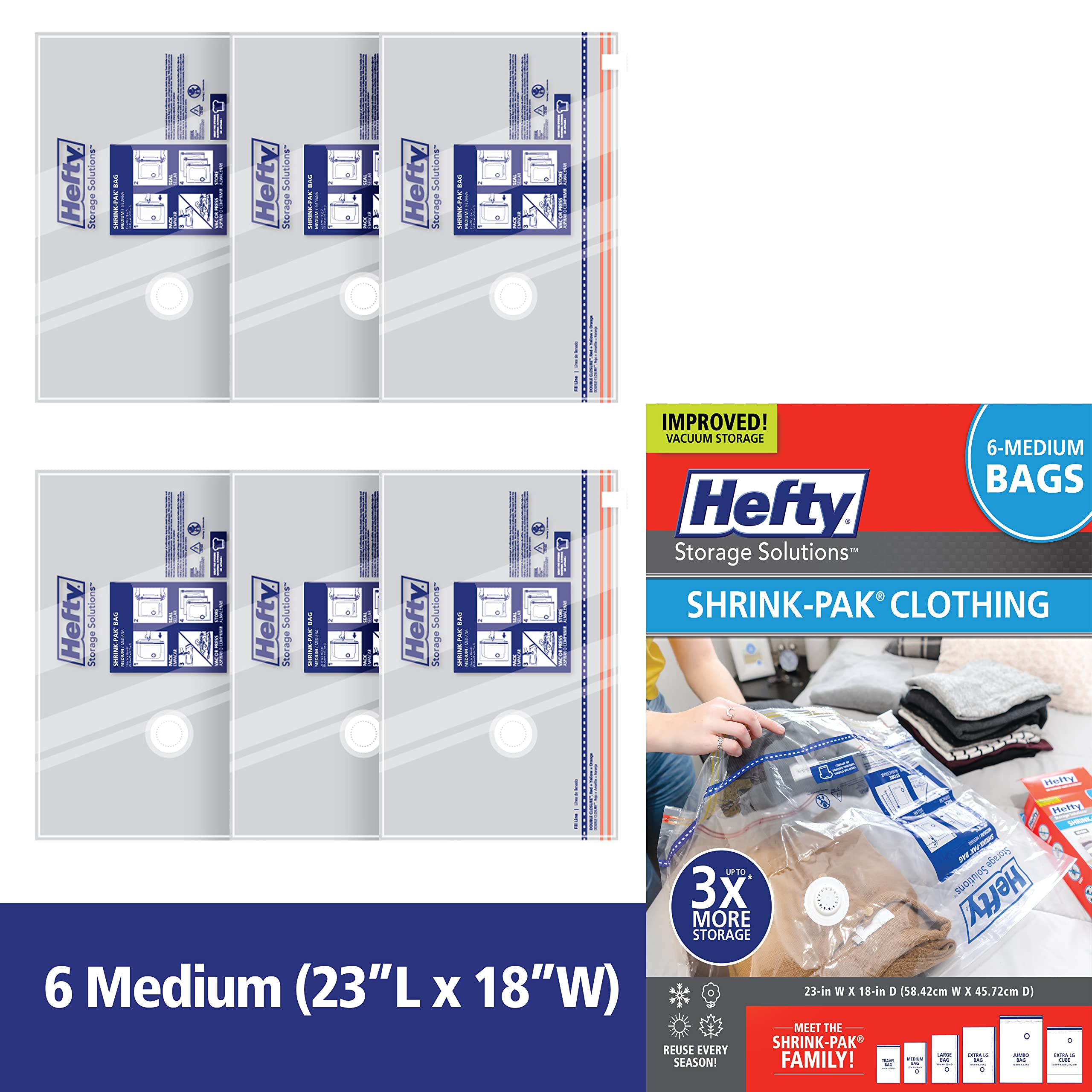 Hefty Shrink-Pak Vacuum Storage Bags – For Clothes, Pillows, Towels, Blankets & More – Space Saver Vacuum Suction Sealer Bags for Home or Travel – 6 Medium Bags, 23 x 18 Inches