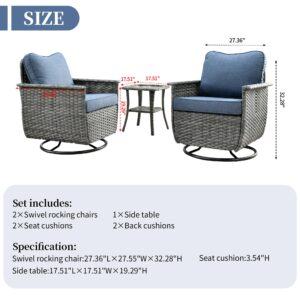 ovios 3 Pieces Patio Rocking Swivel Chairs with Side Table, Outdoor Wicker Rattan Rocker Chair of 2 with High Back Comfy Cushions for Porch Deck Garden (Grey Wicker-Denim Blue)