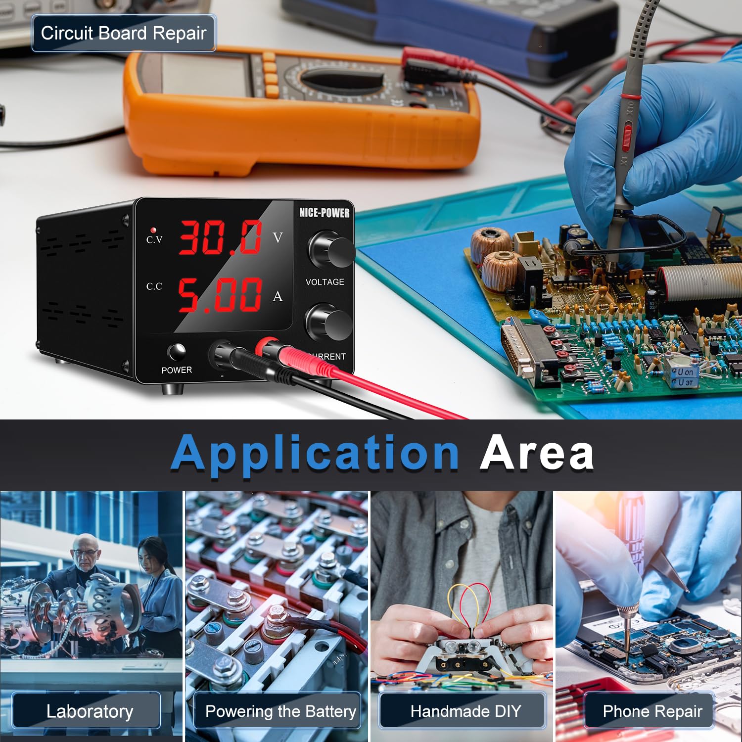 NICE-POWER DC Power Supply Variable, 30V 5A Adjustable Switching Regulated Power Supply with Encoder, Upgraded 3-Digits LED Display, Mini Regulated DC Bench Power Supply