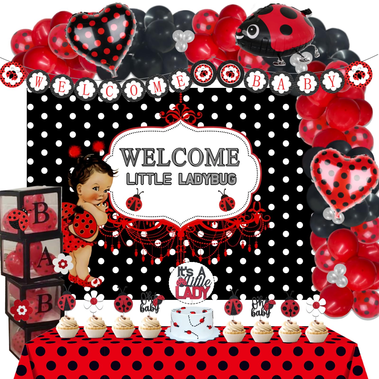 126 PCs Ladybug Baby Shower Decorations, Fiesec Ladybug Baby Shower Supplies Welcome Little Ladybug Backdrop Balloon Garland Banner Tablecloth Cake Topper Walking Balloon Polka Dots Heart Flower