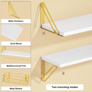 SRIWATANA 2+1 Floating Shelves for Wall, Bathroom Shelves Over Toilet with Metal Bar, Wall Shelves with Storage Wire Basket, Wood Shelves for Bedroom, Living Room, Kitchen (White & Gold)