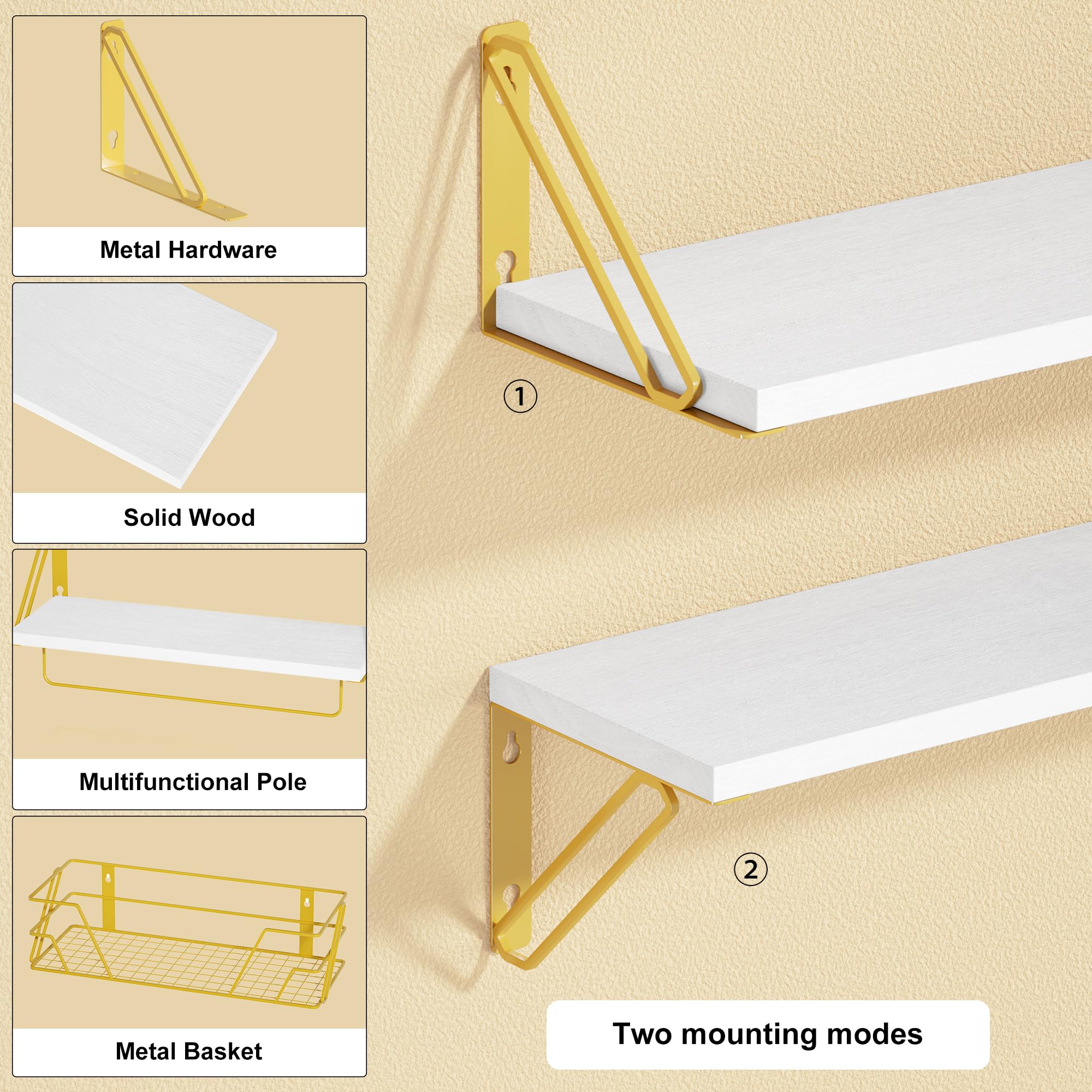 SRIWATANA 2+1 Floating Shelves for Wall, Bathroom Shelves Over Toilet with Metal Bar, Wall Shelves with Storage Wire Basket, Wood Shelves for Bedroom, Living Room, Kitchen (White & Gold)