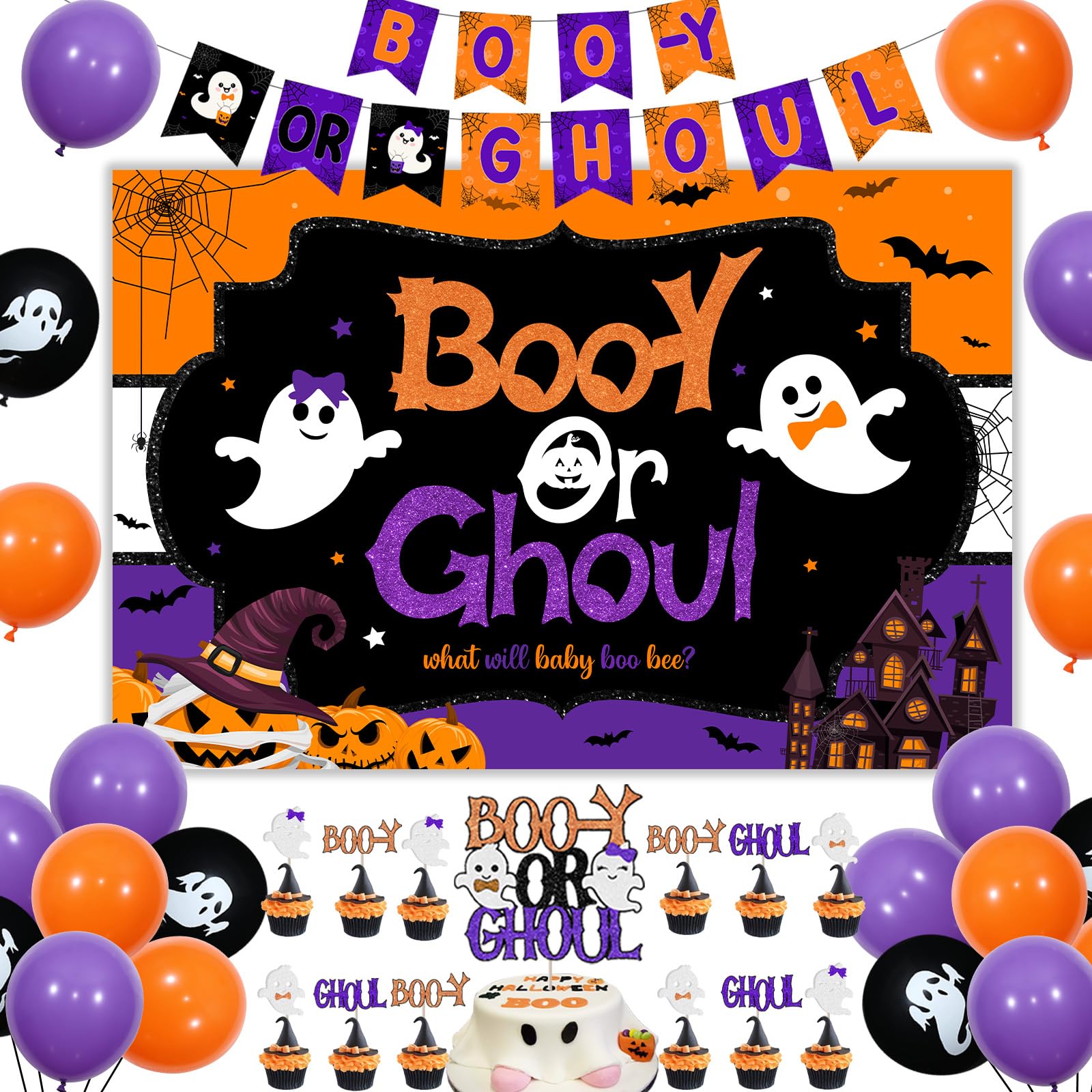 Halloween Gender Reveal Decorations, Booy or Ghoul Banner Backdrop, Orange and Purple Gender Reveal Decorations, Ghost Balloons for Halloween Baby Shower Decorations