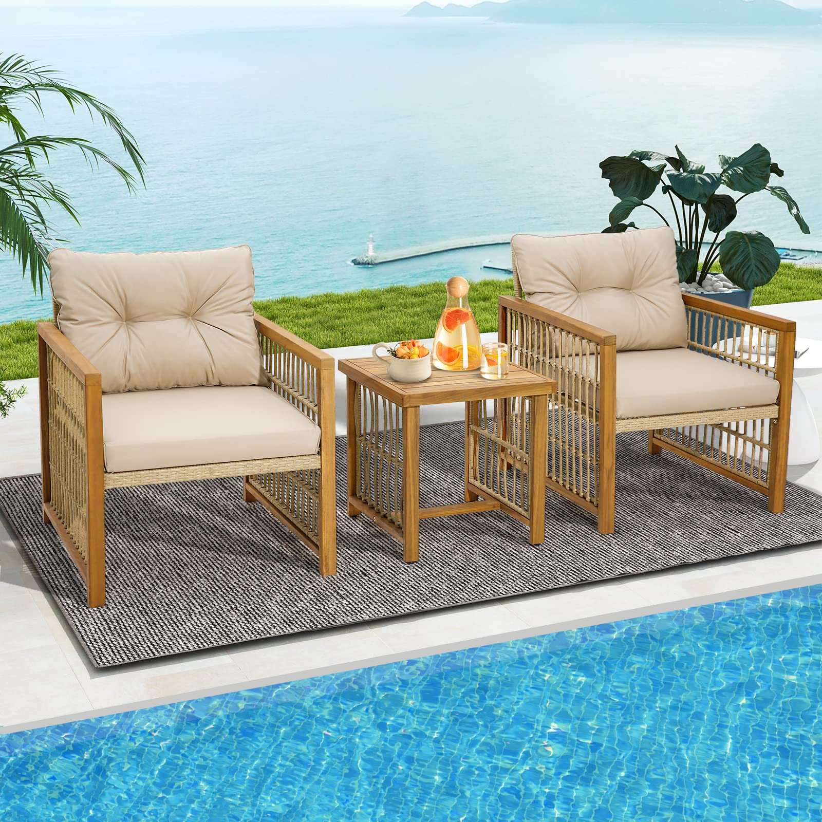 HAPPYGRILL 3 Pieces Patio Furniture Set, PE Wicker Conversation Set with Soft Seat & Back Cushions, Stable Acacia Wood Frame, Outdoor Sofa Set for Backyard, Porch, Poolside