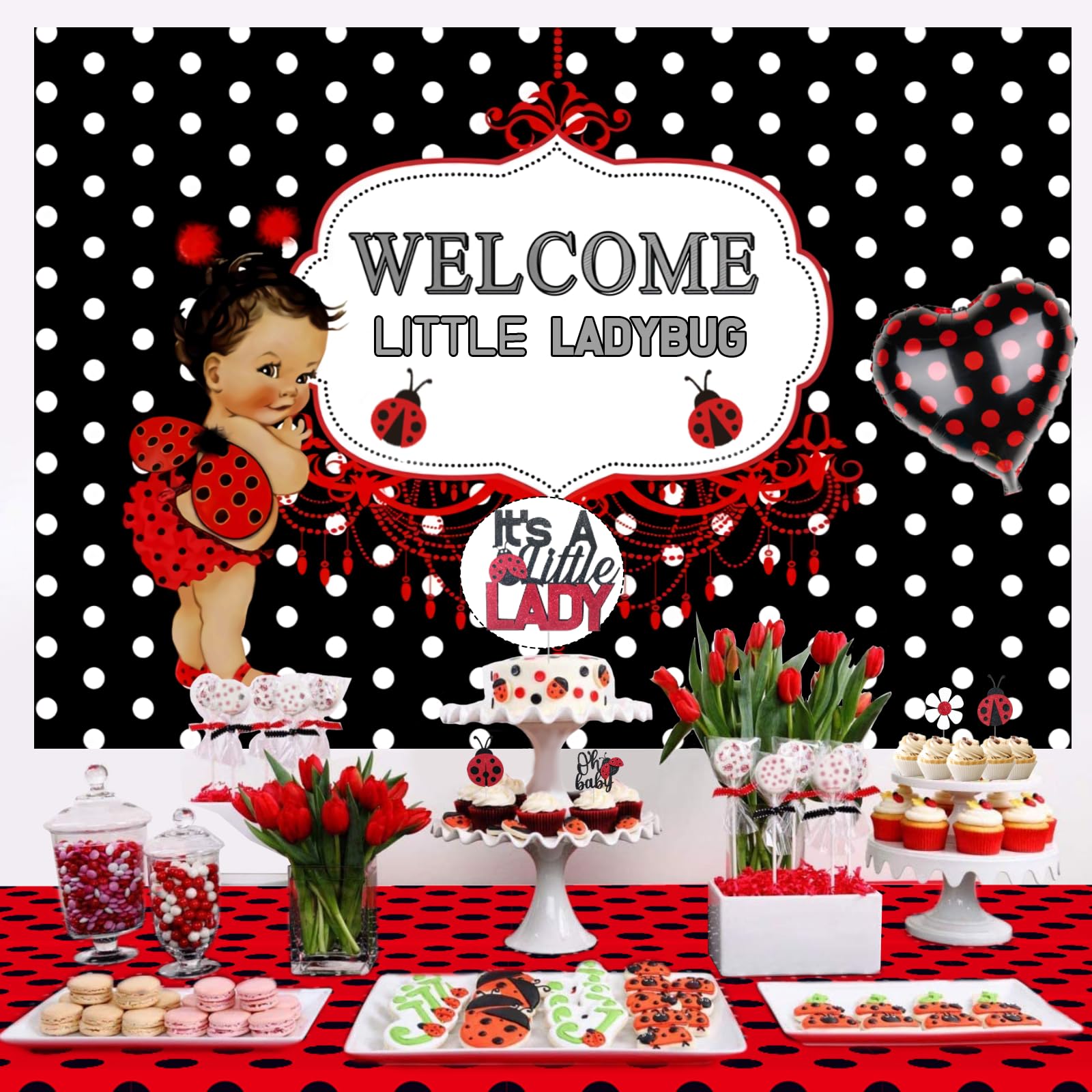 126 PCs Ladybug Baby Shower Decorations, Fiesec Ladybug Baby Shower Supplies Welcome Little Ladybug Backdrop Balloon Garland Banner Tablecloth Cake Topper Walking Balloon Polka Dots Heart Flower